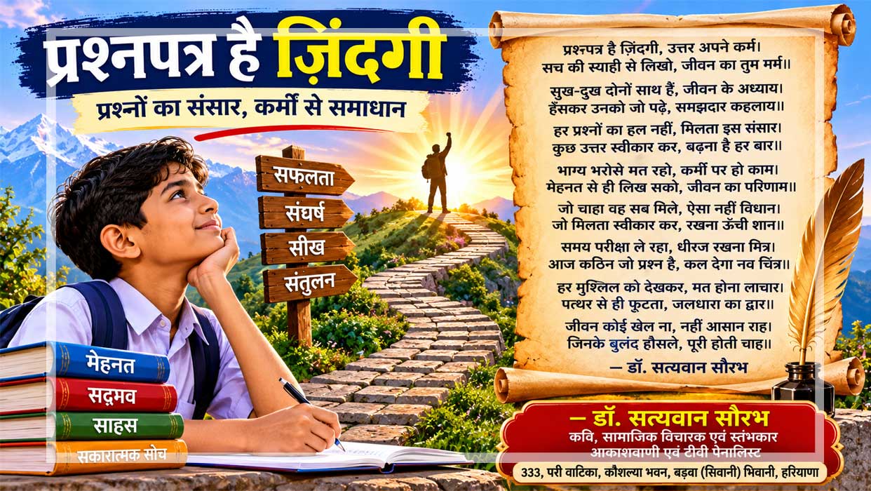 प्रश्नपत्र है ज़िंदगी कविता पर आधारित प्रेरणादायक दृश्य, जिसमें उगते सूरज की ओर बढ़ता यात्री संघर्ष, धैर्य, कर्म, अनुभव और सफलता का प्रतीक है।