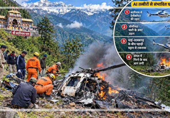 चमोली के ज्योतिर्मठ में हेलीकॉप्टर हादसे के संभावित घटनाक्रम को दर्शाती AI से तैयार सांकेतिक तस्वीर