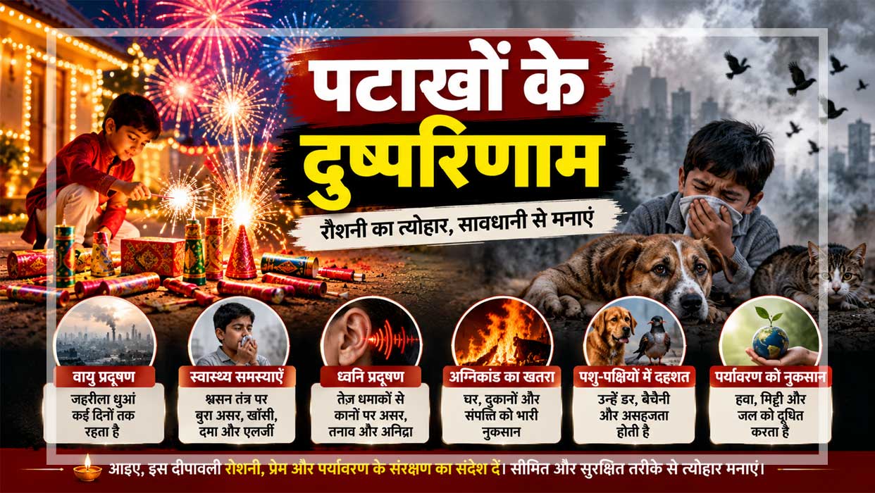 दीपावली पर पटाखों से होने वाले वायु प्रदूषण, ध्वनि प्रदूषण, आगजनी और पशु-पक्षियों को होने वाली परेशानी को दर्शाता सांकेतिक चित्र।