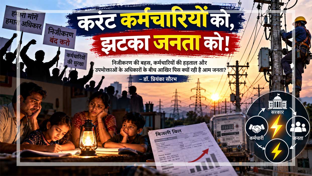 बिजली कर्मचारियों के विरोध प्रदर्शन, बिजली के खंभे पर काम करते कर्मचारी और बिजली कटौती से परेशान परिवार के माध्यम से निजीकरण तथा उपभोक्ता अधिकारों की बहस को दर्शाता चित्र।