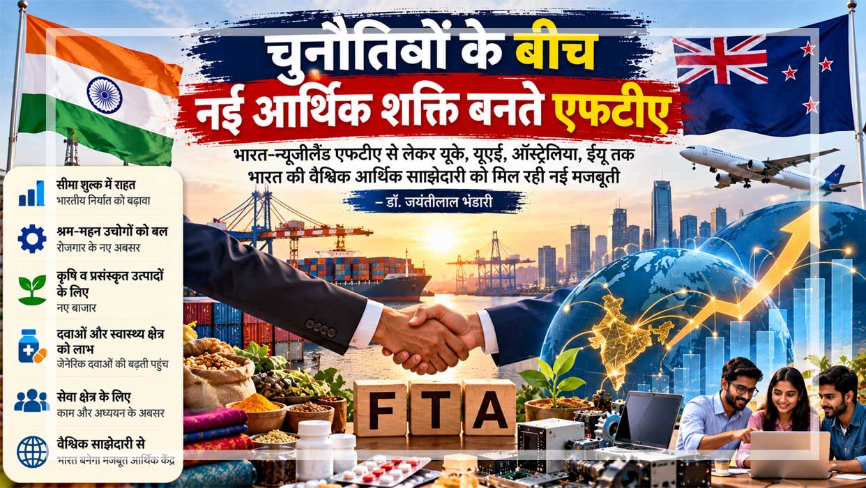 भारत और न्यूजीलैंड के झंडों, व्यापारिक जहाजों, वैश्विक बाजार, आर्थिक विकास और भारत के मुक्त व्यापार समझौतों को दर्शाता चित्र।