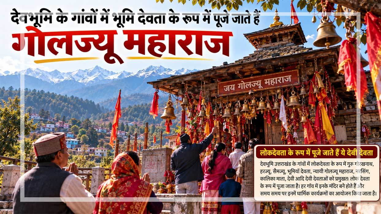 उत्तराखंड के पहाड़ी गांव में गोलज्यू महाराज का मंदिर, जहां श्रद्धालु घंटियां और लाल कपड़े अर्पित कर न्याय देवता की पूजा करते हैं।