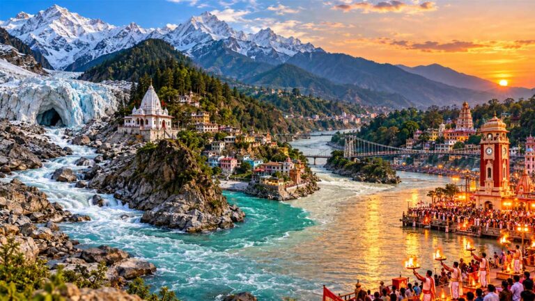 हिमालय के हिमनदों से हरिद्वार के गंगा घाट तक नदी की यात्रा, पर्वतीय मंदिरों और संध्या गंगा आरती का मनोरम दृश्य
