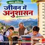 जीवन में अनुशासन विषय पर आधारित बाल कविता का चित्र, जिसमें बच्चे पढ़ाई करते, माता-पिता और गुरुजनों का सम्मान करते तथा मेहनत और अच्छे संस्कारों का महत्व सीखते दिखाई दे रहे हैं।