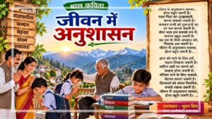जीवन में अनुशासन विषय पर आधारित बाल कविता का चित्र, जिसमें बच्चे पढ़ाई करते, माता-पिता और गुरुजनों का सम्मान करते तथा मेहनत और अच्छे संस्कारों का महत्व सीखते दिखाई दे रहे हैं।