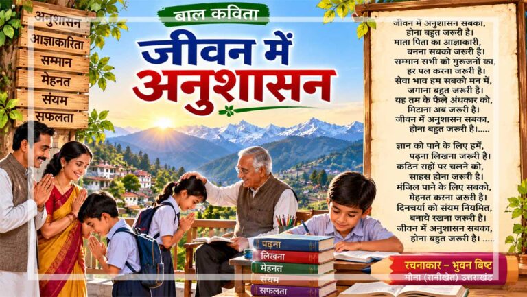 जीवन में अनुशासन विषय पर आधारित बाल कविता का चित्र, जिसमें बच्चे पढ़ाई करते, माता-पिता और गुरुजनों का सम्मान करते तथा मेहनत और अच्छे संस्कारों का महत्व सीखते दिखाई दे रहे हैं।