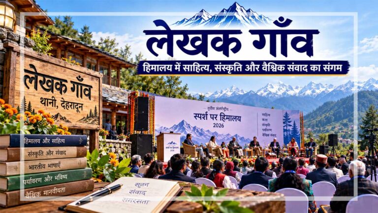 देहरादून के थानो स्थित लेखक गाँव में हिमालय की पृष्ठभूमि के बीच साहित्य, संस्कृति और वैश्विक संवाद पर केंद्रित ‘स्पर्श पर हिमालय’ 2026 महोत्सव का सांकेतिक दृश्य।