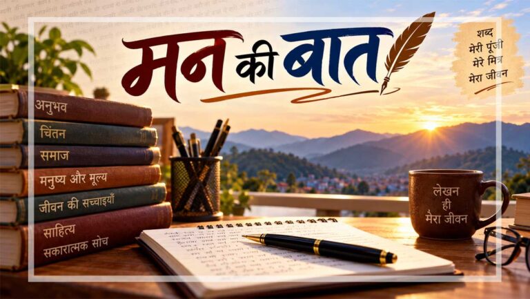 मन की बात विषय पर आधारित साहित्यिक दृश्य, जिसमें लेखक की मेज पर खुली डायरी, कलम और पुस्तकें हैं तथा पृष्ठभूमि में उगते सूरज की सुनहरी रोशनी दिखाई दे रही है।