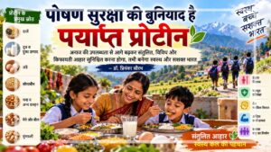 पोषण सुरक्षा और पर्याप्त प्रोटीन के महत्व को दर्शाता चित्र, जिसमें परिवार संतुलित भोजन कर रहा है और दालें, दूध, अंडे, चना, सोयाबीन तथा मूँगफली जैसे प्रोटीन स्रोत प्रदर्शित हैं।