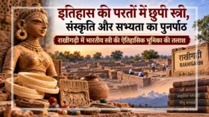 हरियाणा के राखीगढ़ी पुरातात्विक स्थल पर हड़प्पा सभ्यता के अवशेष, प्राचीन स्त्री की प्रतिमा, शंख की चूड़ियाँ और भारतीय इतिहास में महिलाओं की भूमिका को दर्शाता सांकेतिक दृश्य।