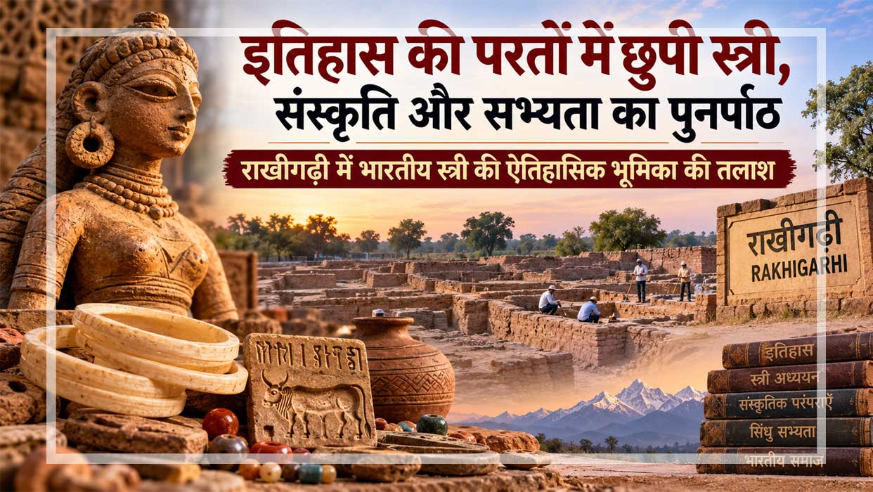 हरियाणा के राखीगढ़ी पुरातात्विक स्थल पर हड़प्पा सभ्यता के अवशेष, प्राचीन स्त्री की प्रतिमा, शंख की चूड़ियाँ और भारतीय इतिहास में महिलाओं की भूमिका को दर्शाता सांकेतिक दृश्य।