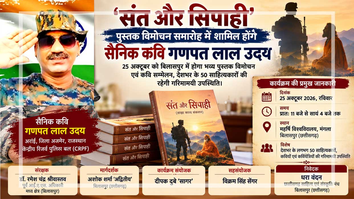 सैनिक कवि गणपत लाल उदय और ‘संत और सिपाही’ साझा काव्य संकलन के पुस्तक विमोचन समारोह का प्रचारात्मक चित्र।