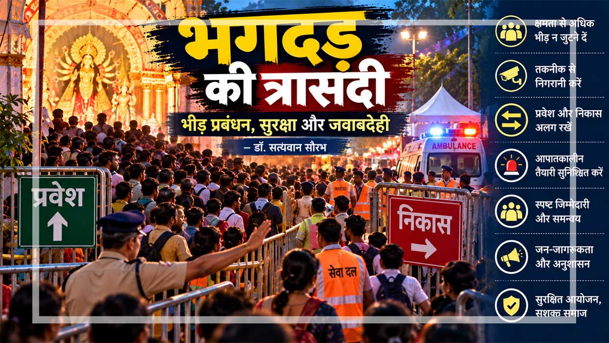 धार्मिक आयोजन में भीड़ प्रबंधन, पुलिस और स्वयंसेवकों द्वारा नियंत्रित प्रवेश एवं निकास मार्ग, एंबुलेंस और भगदड़ रोकने के सुरक्षा उपायों को दर्शाता चित्र।