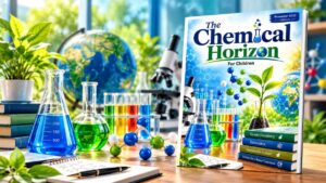 The Chemical Horizon For Children विज्ञान पत्रिका के नवंबर 2026 के छठे संस्करण का कवर, जिसमें रसायन विज्ञान के प्रयोग, अणु संरचना, हरित रसायन और पर्यावरण से जुड़े चित्र हैं।