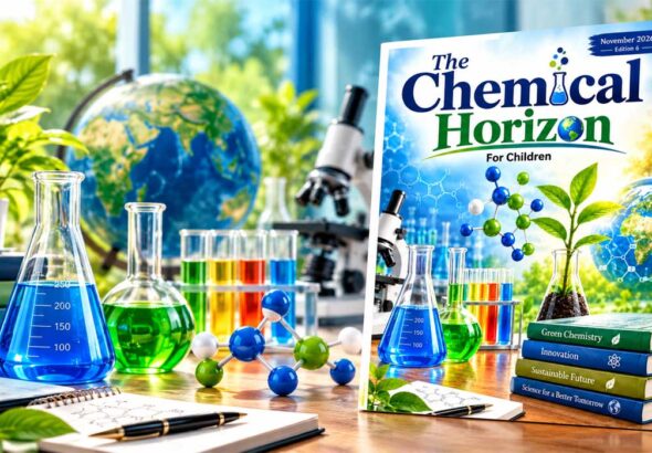 The Chemical Horizon For Children विज्ञान पत्रिका के नवंबर 2026 के छठे संस्करण का कवर, जिसमें रसायन विज्ञान के प्रयोग, अणु संरचना, हरित रसायन और पर्यावरण से जुड़े चित्र हैं।